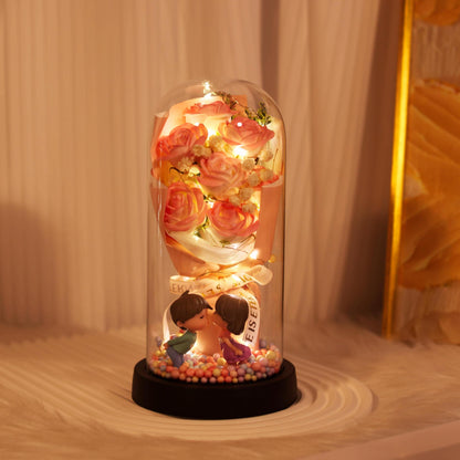 7 Eternal Roses Glass Cover | Cartoon Couple Doll | Chinese Valentine & Birthday Gift for Girlfriend/Wife