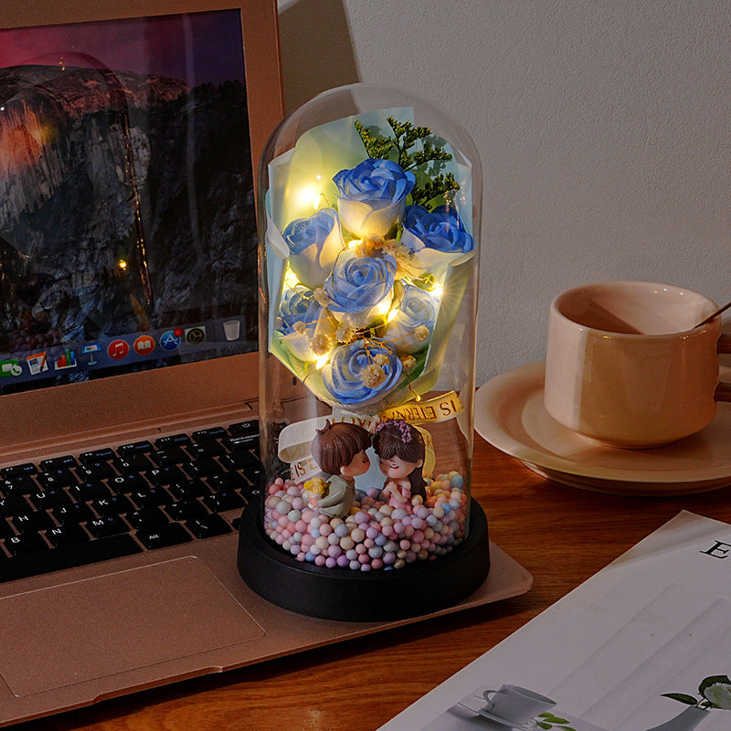 7 Eternal Roses Glass Cover | Cartoon Couple Doll | Chinese Valentine & Birthday Gift for Girlfriend/Wife