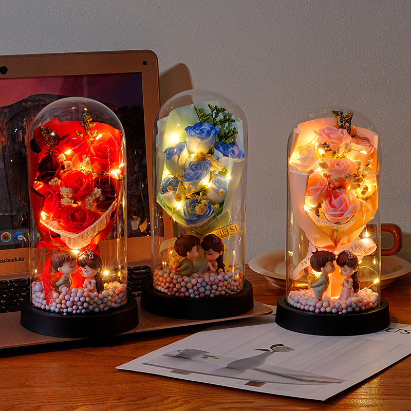 7 Eternal Roses Glass Cover | Cartoon Couple Doll | Chinese Valentine & Birthday Gift for Girlfriend/Wife