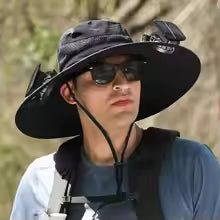 Men’s Solar Fan Fisherman Hat | USB Rechargeable Sun Cap | Anti-UV Windproof Large Brim