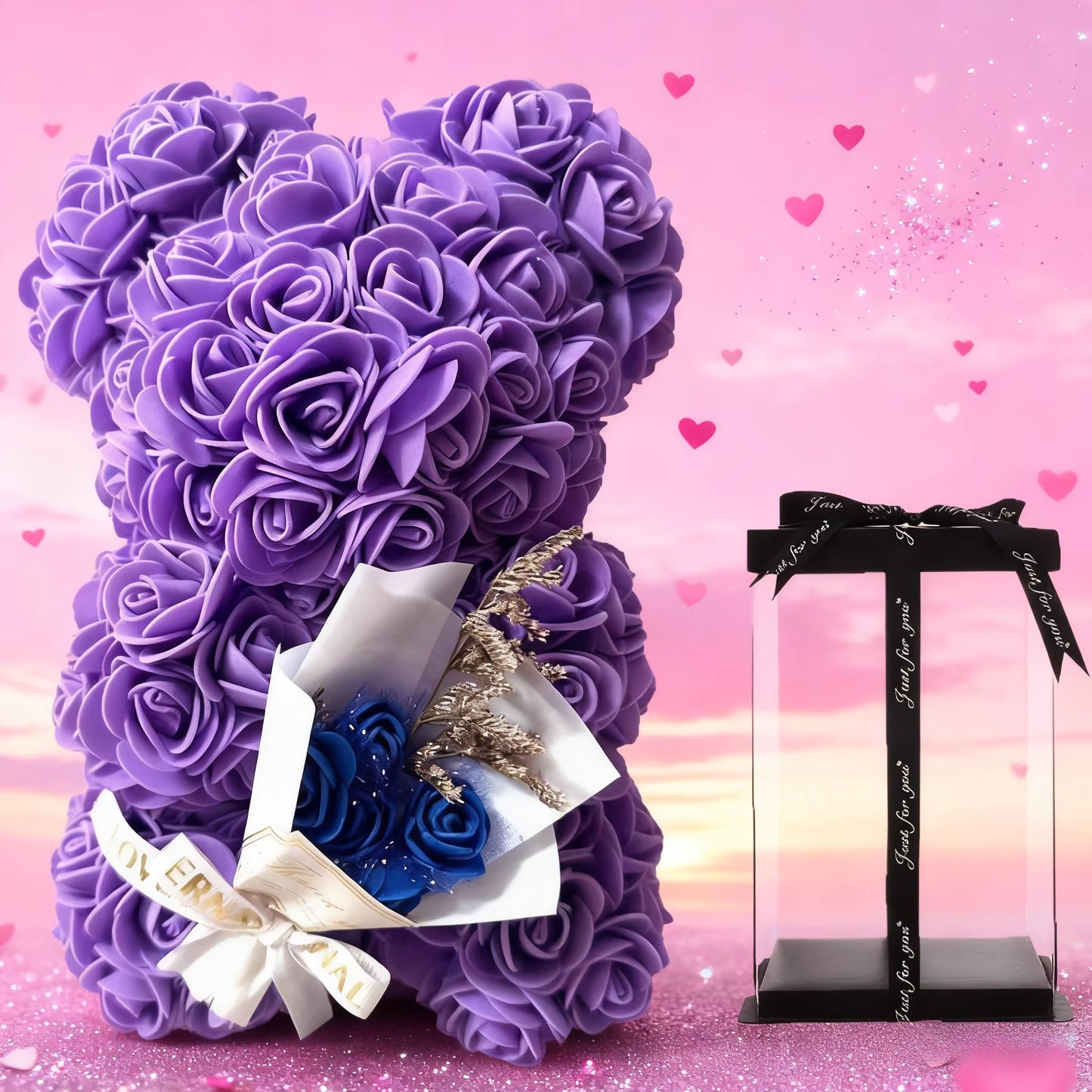 25cm Rose Bear Gift Box | Artificial Flower Teddy Bear | Valentine’s & Birthday Gift for Her